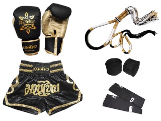 Boxing Gloves and Kickboxing Shorts with Muay Thai Gear : Set-121-Black