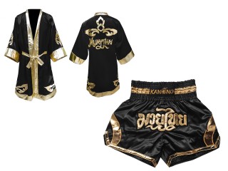 Muay Thai set - Custom Muay Thai Robe and Muay Thai Shorts : Set-144-Black-Gold