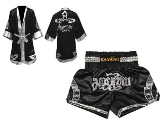 Muay Thai set - Custom Muay Thai Robe and Muay Thai Shorts : Set-144-Black-Silver