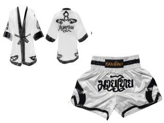 Muay Thai set - Custom Muay Thai Robe and Muay Thai Shorts : Set-144-White