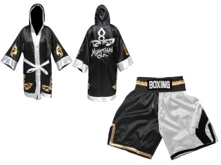 Boxing set - Custom Boxing Gown with hood and Boxing Shorts : KNCUSET-105-Black-White