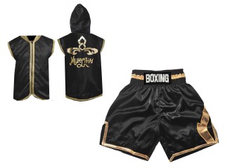 Boxing Set - Custom Boxing Hoodies and Boxing Shorts : KNCUSET-008-Black-Gold
