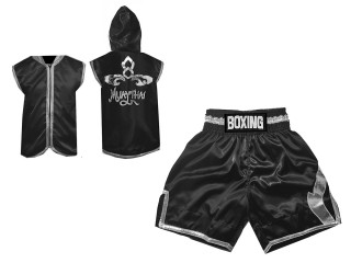 Boxing Set - Custom Boxing Hoodies and Boxing Shorts : KNCUSET-008-Black-Silver