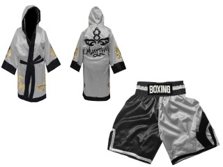Boxing set - Custom Boxing Robe with hood and Shorts : KNCUSET-105-Black-Silver