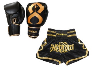 Kanong Genunie Leather Boxing Gloves + Custom Muay Thai Shorts : Set-121-Thaikick-Black