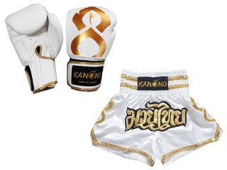 Kanong Genunie Leather Boxing Gloves + Custom Muay Thai Shorts : Set-121-Thaikick-White