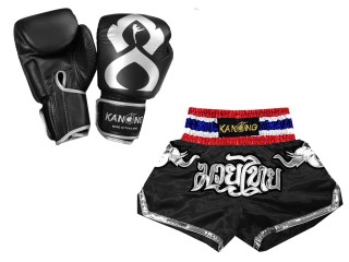 Kanong Genunie Leather Boxing Gloves + Custom Muay Thai Shorts : Set-125-Gloves-Thaikick-Black