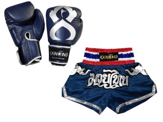 Kanong Genunie Leather Boxing Gloves + Custom Muay Thai Shorts : Set-125-Gloves-Thaikick-Navy