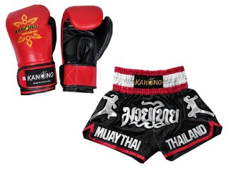 Kanong Genunie Leather Boxing Gloves + Custom Muay Thai Shorts : Set-133-Gloves-Black