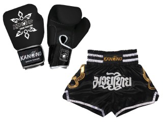 Kanong Genunie Leather Boxing Gloves + Custom Muay Thai Shorts : Set-143-Gloves-Black