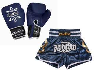 Kanong Genunie Leather Boxing Gloves + Custom Muay Thai Shorts : Set-143-Gloves-Navy
