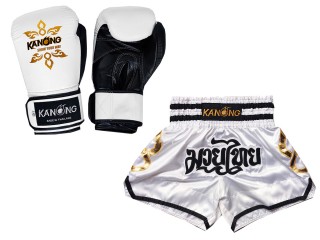Kanong Genunie Leather Boxing Gloves + Custom Muay Thai Shorts : Set-143-Gloves-White