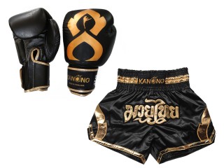 Kanong Genunie Leather Boxing Gloves + Custom Muay Thai Shorts : Set-144-Gloves-Black-Gold