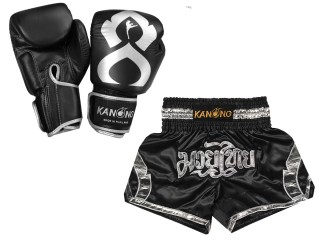 Kanong Genunie Leather Boxing Gloves + Custom Muay Thai Shorts : Set-144-Gloves-Black-Silver