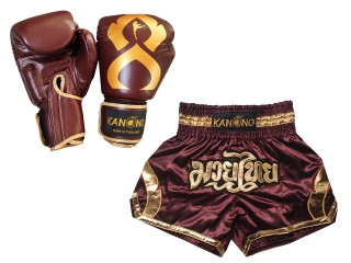 Kanong Genunie Leather Boxing Gloves + Custom Muay Thai Shorts : Set-144-Gloves-Maroon