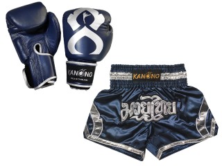 Kanong Genunie Leather Boxing Gloves + Custom Muay Thai Shorts : Set-144-Gloves-Navy