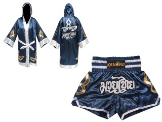 Muay Thai set - Custom Muay Thai Robe and Muay Thai Shorts : Set-143-Navy