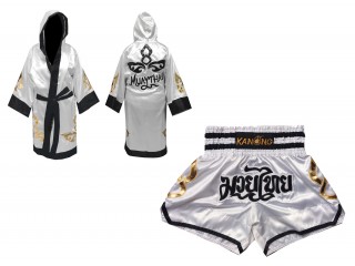 Muay Thai set - Custom Muay Thai Robe and Muay Thai Shorts : Set-143-White