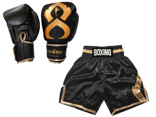 Real Leather Boxing Gloves + Customize Boxing Pants : KNCUSET-201-Black-Gold