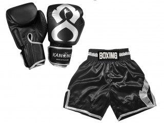 Real Leather Boxing Gloves + Customize Boxing Pants : KNCUSET-201-Black-Silver