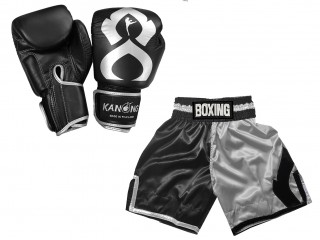 Real Leather Boxing Gloves + Customize Boxing Pants : KNCUSET-202-Black-Silver