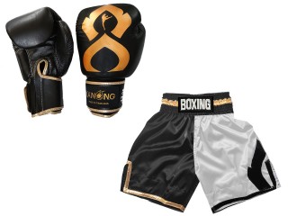 Real Leather Boxing Gloves + Customize Boxing Pants : KNCUSET-202-Black-White