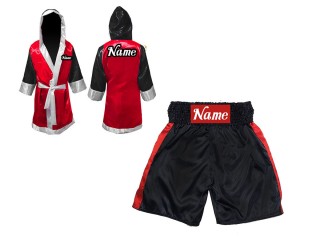 Boxing set - Custom Boxing Robe with hood and Shorts : KNCUSET-104-Black-Red