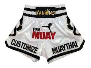 Kanong Custom White and Black Flame Muay Thai Shorts : KNSCUST-1114