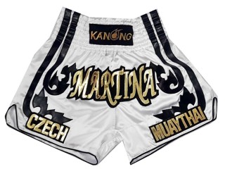 Kanong Custom White Thai Flame Muay Thai Shorts : KNSCUST-1064