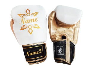 Customised White Boxing Gloves Thai Design : KNGCUST-006